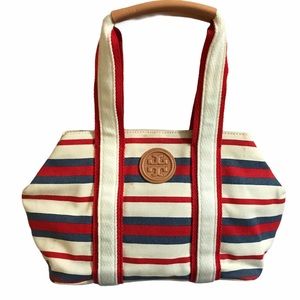 Tory Burch Purse Hand Doctor Bag Canvas Striped Cloth 14X9 Lined Casual Nautical